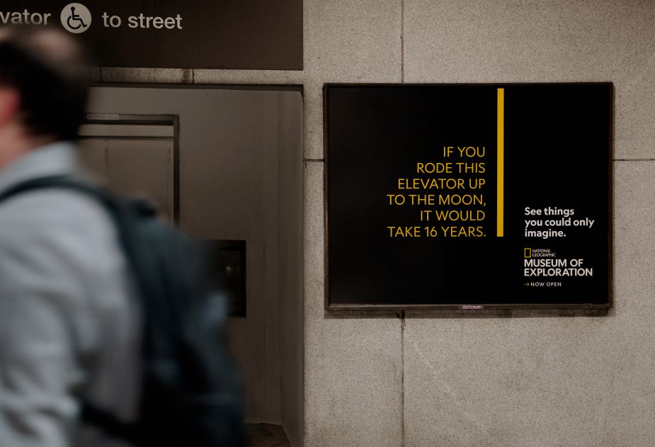 National Geographic Museum of Exploration OOH campaign featuring the iconic yellow border in Washington, D.C.